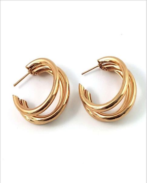 japane korean europe and america cold wind simple girls three tier layer chunky 14k gold filled hoop earrings6825530, Golden
